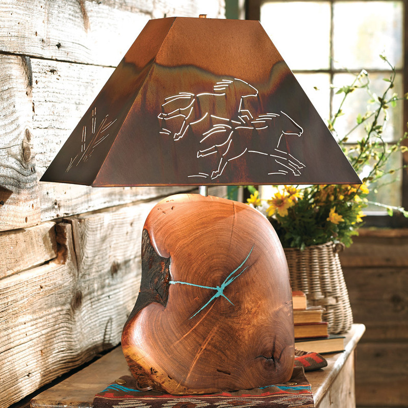 Mesquite Turquoise Lamp with Copper Horse Shade - 17 Inch