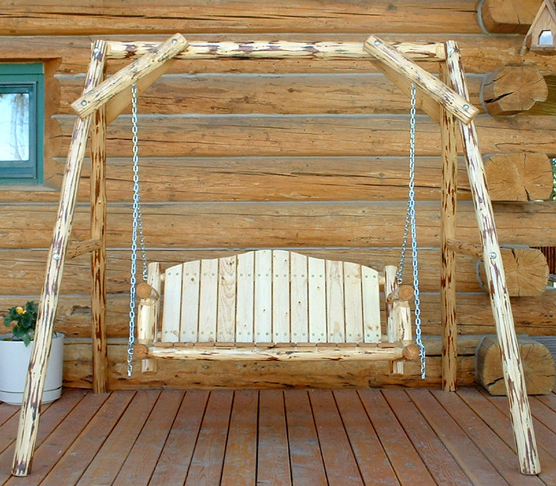 Lacquer Finish Hand-Peeled Rustic Log Swing with A Frame