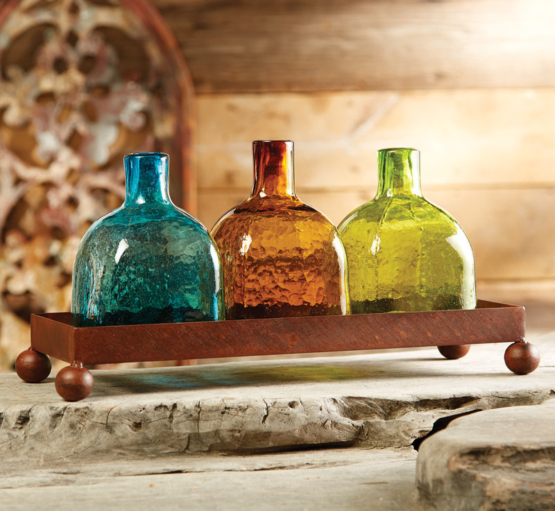 Set of Three Glass Tequila Bottles with Iron Tray