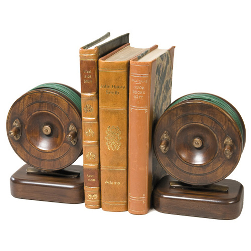 Vintage Wooden Look Fly Reel Bookends from Black Forest Decor