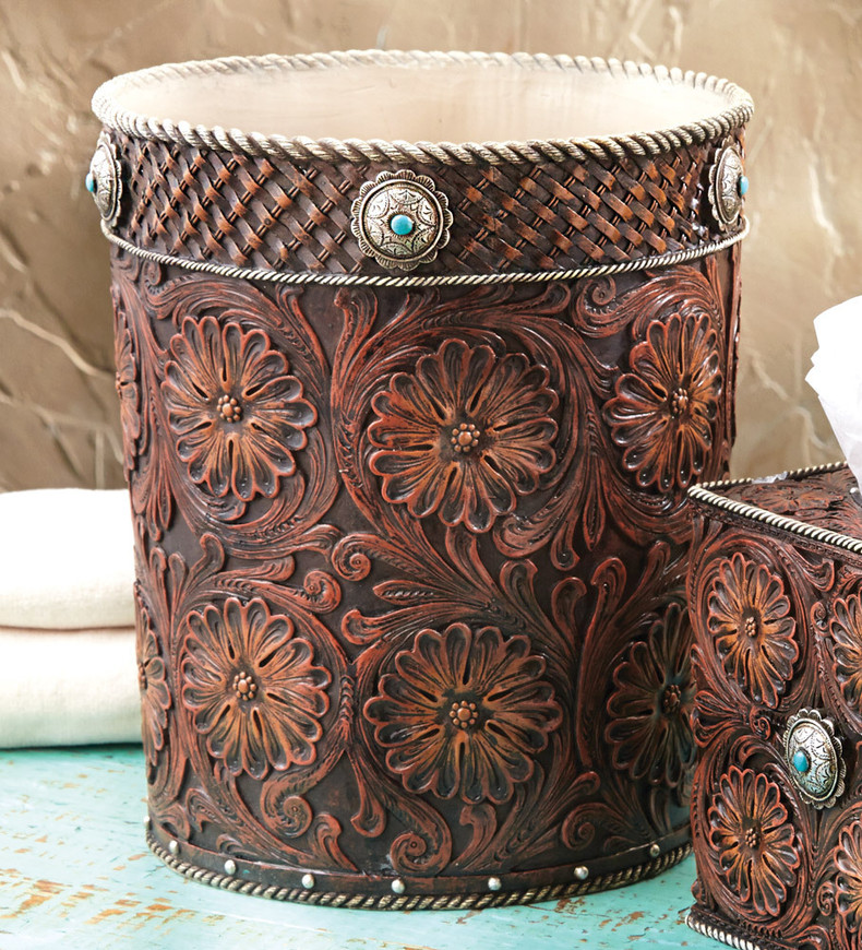 Western Tooled Leather Waste Basket