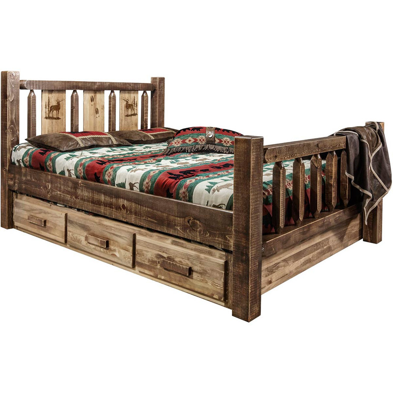Denver Bed with Storage & Engraved Elk - King - Stained & Lacquered