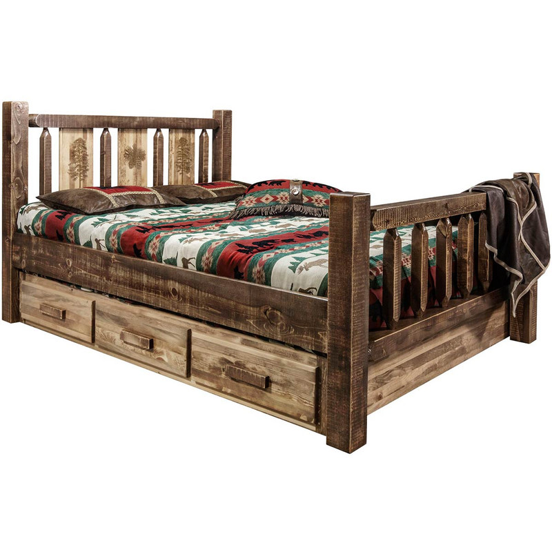 Denver Bed with Storage & Engraved Pines - Queen - Stained & Lacquered