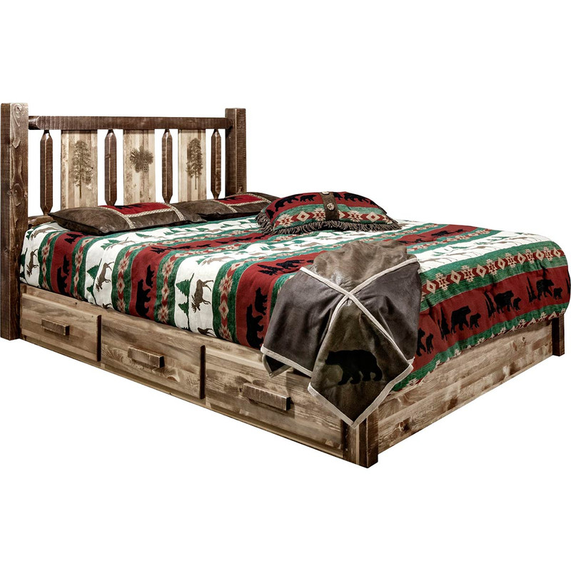 Denver Platform Bed with Storage & Engraved Pines - Twin