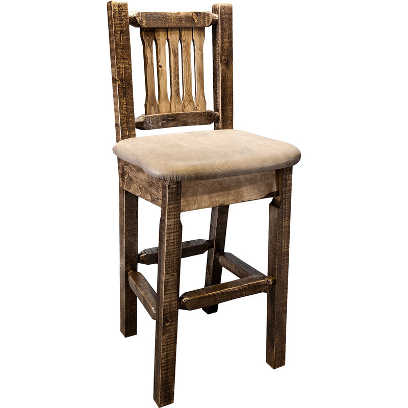 Denver Barstool with Back & Buckskin Seat - Stained & Lacquered