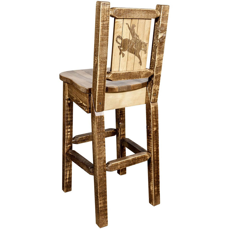 Denver Counter Height Barstool with Engraved Bronc Back - Stained & Lacquered