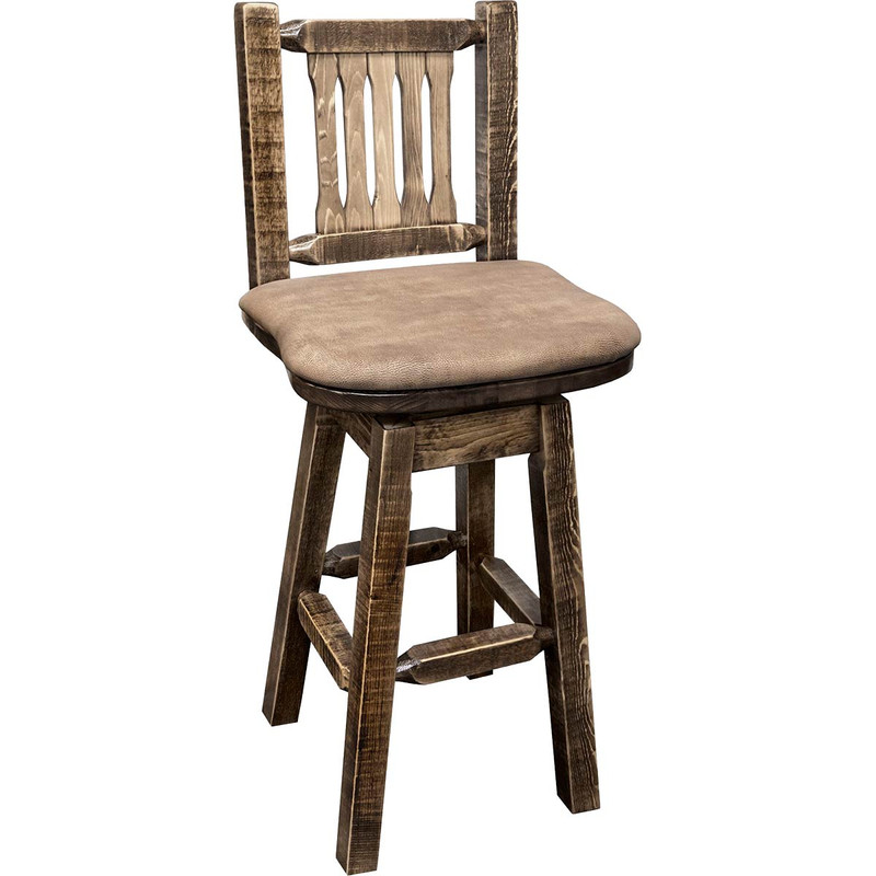Denver Counter Height Swivel Barstool with Back & Buckskin Seat - Stained & Lacquered