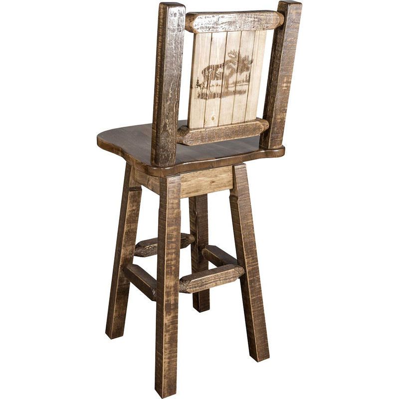 Denver Counter Height Swivel Barstool with Engraved Moose Back - Stained & Lacquered