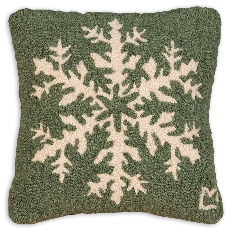 Green Snow Flurry Hooked Wood Pillow