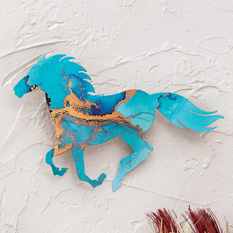 Turquoise Swirl Running Horse Metal Wall Art - Large