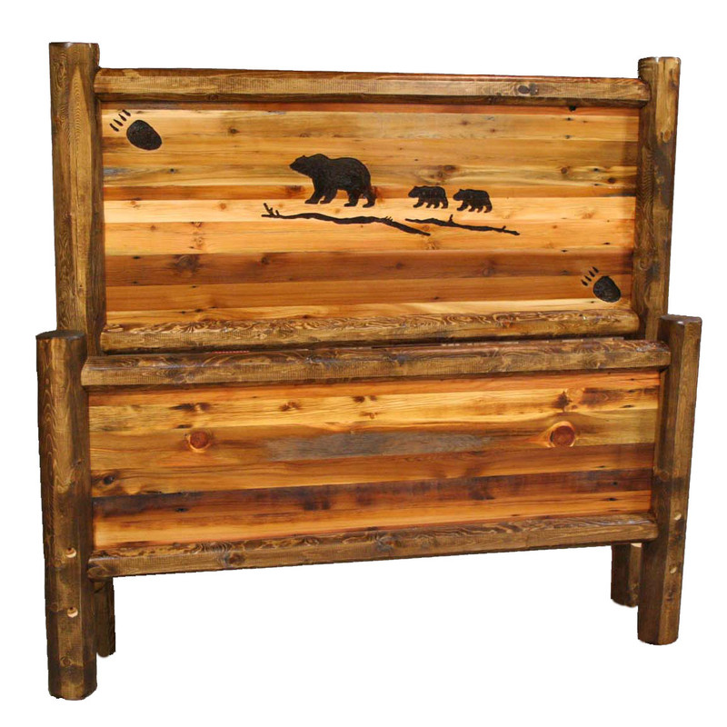 Barnwood Bed with Bear Family Carving - Full