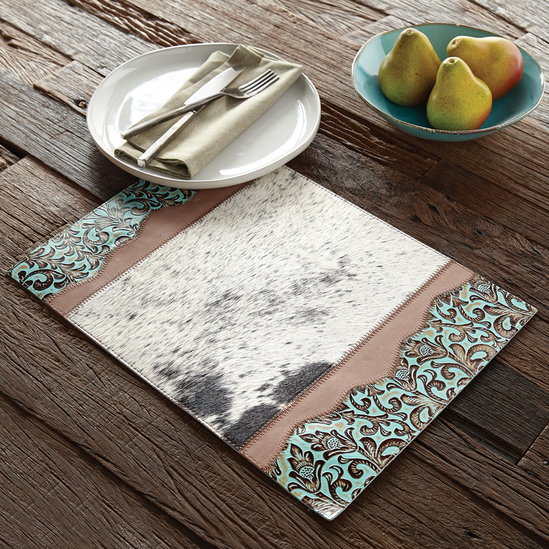 Tooled Turquoise Cowhide Placemat