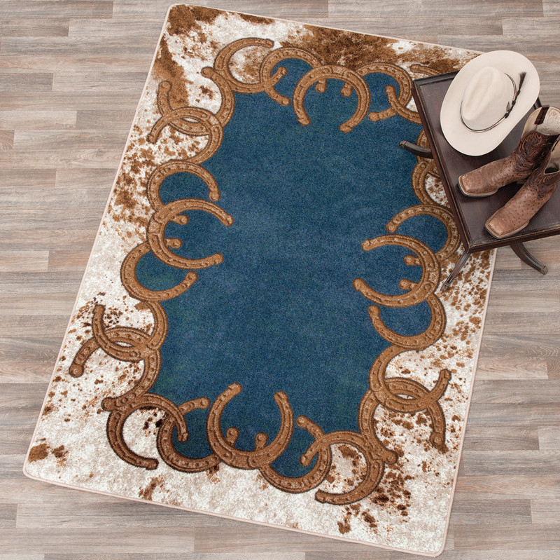 Horseshoe & Cowhide Denim Blue Rug - 2 x 8