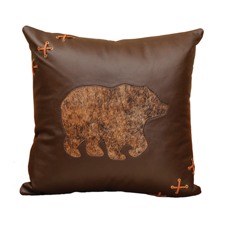 Cabin Bear Leather Accent Pillow with Hair on Hide