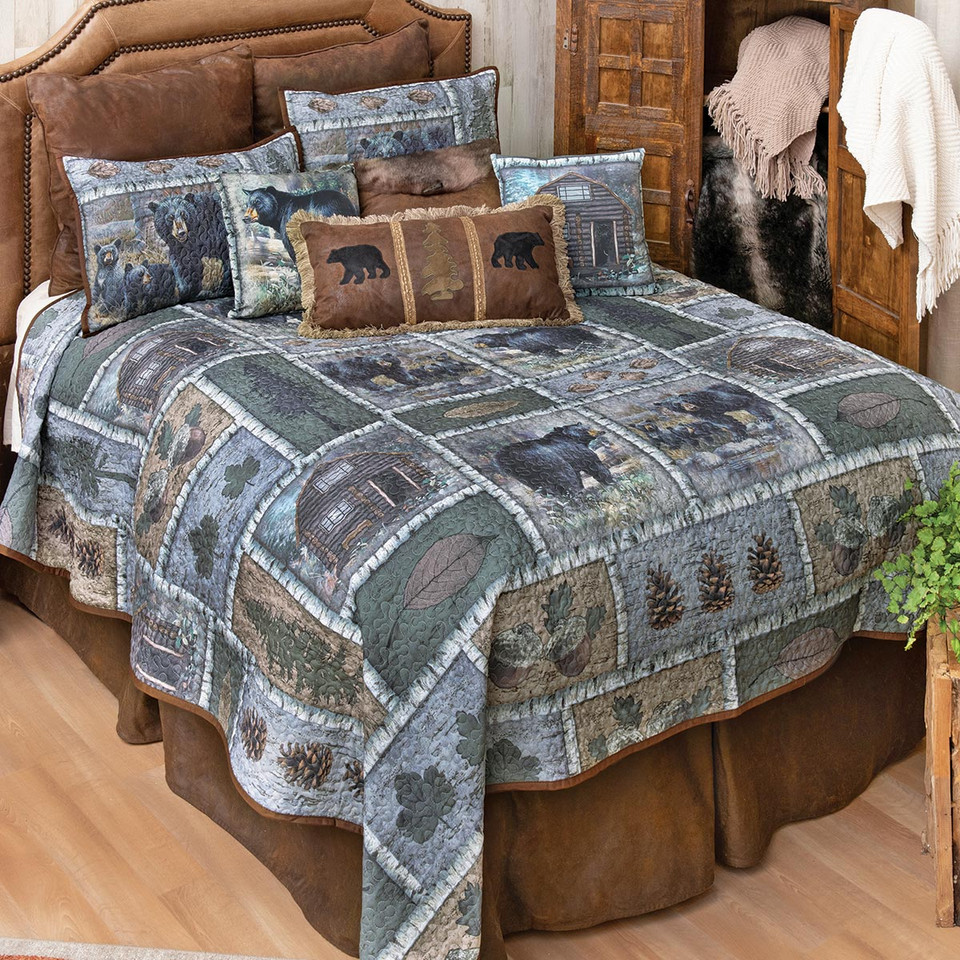Black Bear Log Cabin Quilt Set Queen Black Forest Decor