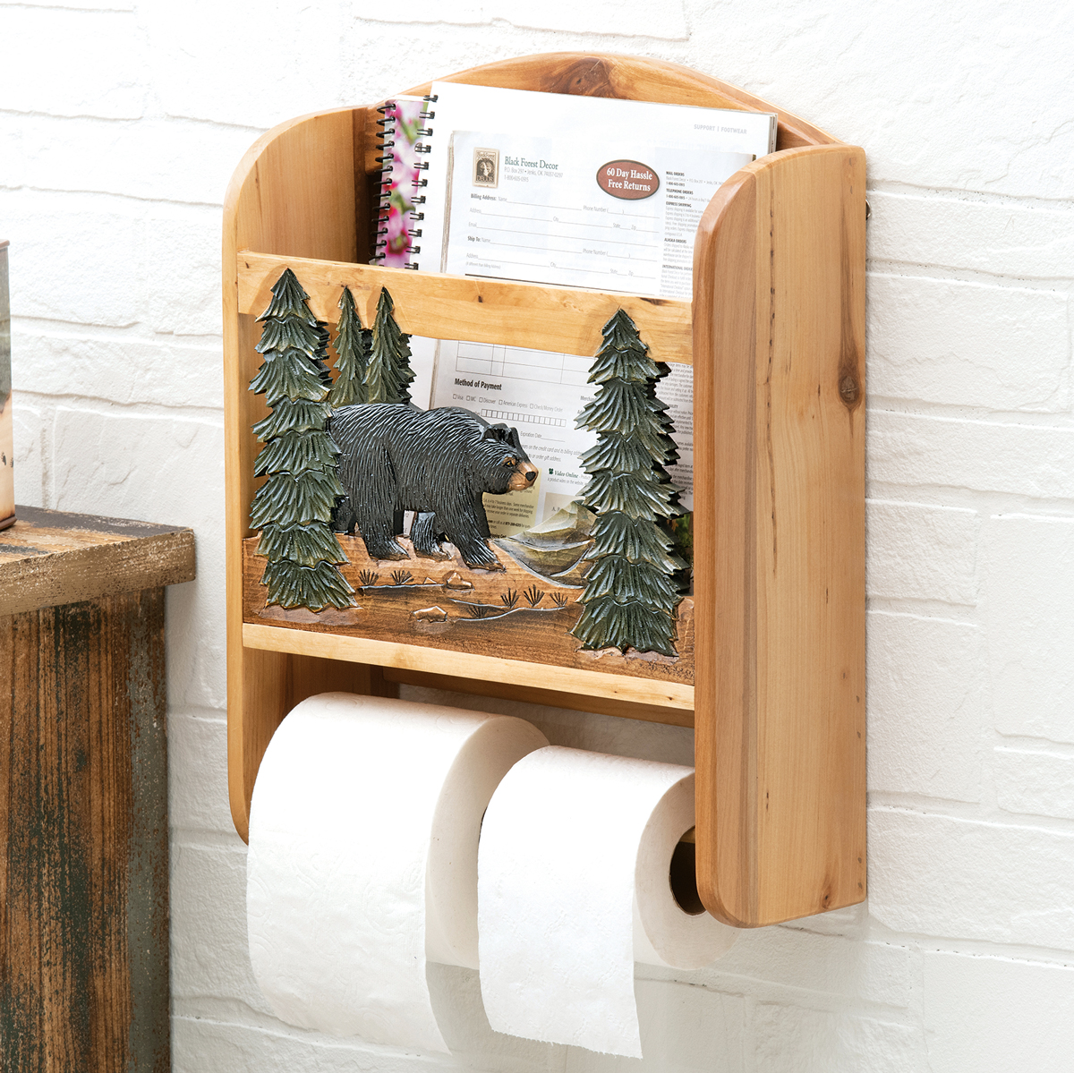 Wood Bear Toilet Paper Holder and Magazine Rack - 16W x 10H, Black Forest Decor DLMS501