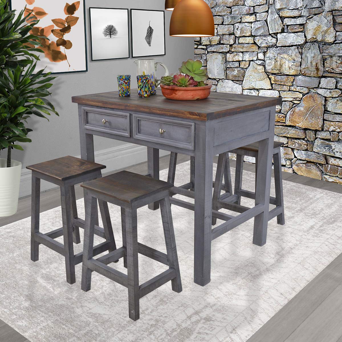 Gray Woods Kitchen Island with 4 Stools Black Forest Decor