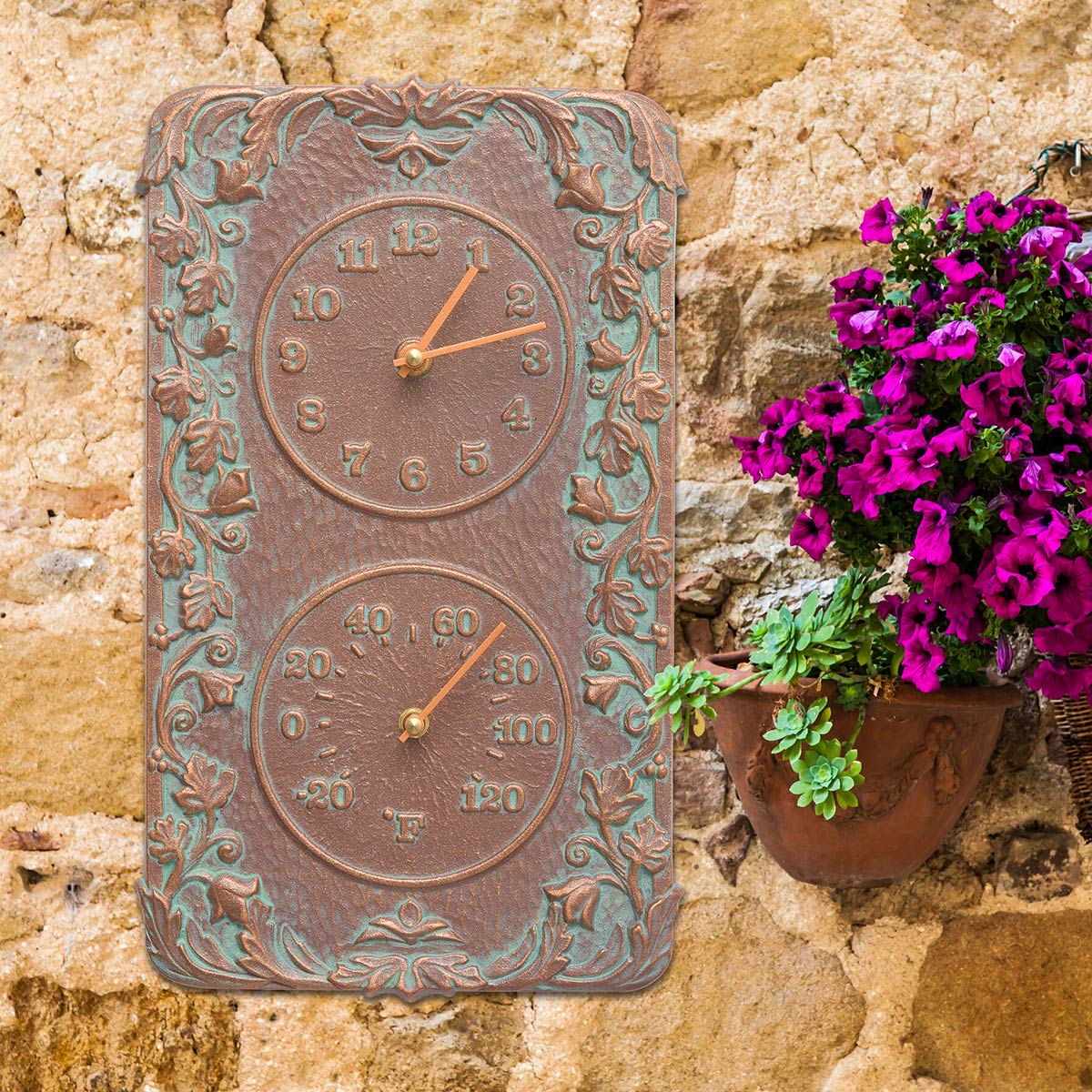 FirsTime & Co. Verdigris Calisto Sunflower Outdoor Wall Clock And