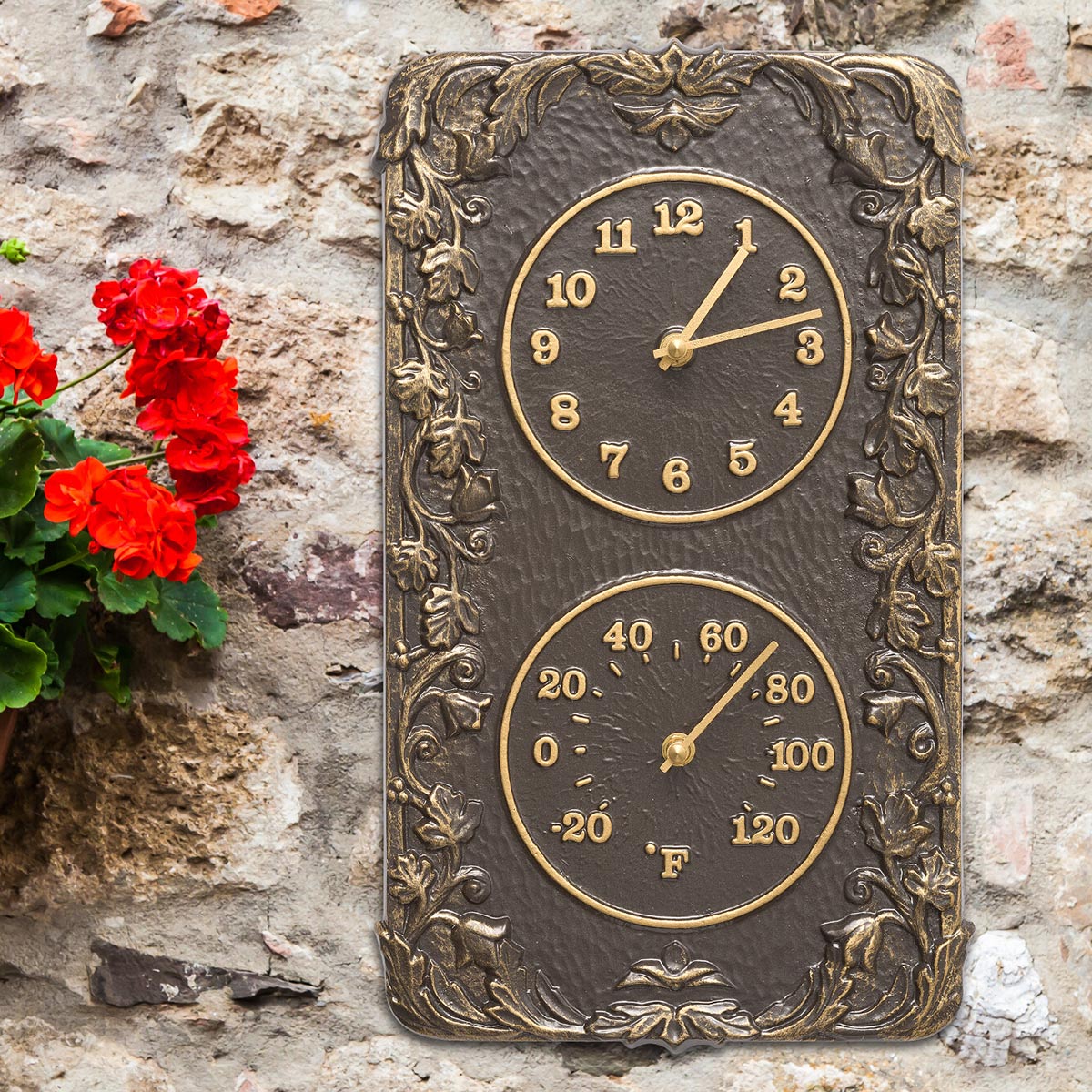 Climbing Ivy Indoor/Outdoor Wall Clock & Thermometer - French Bronze, Black Forest Decor