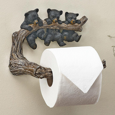 Pine Tree & Bears Toilet Paper Stand, USA Made - Log Cabin Decor, Black Forest Decor DS22419