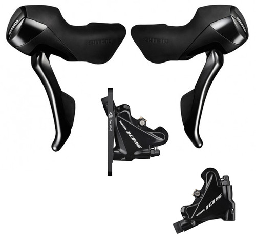 Shimano 105 ST-R7020 Hydraulic STI Levers, Hoses and BR-7070 Flat Mount with Black Brake Calipers