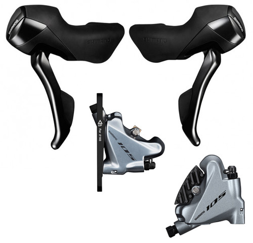 Shimano 105 ST-R7020 Hydraulic STI Levers, Hoses and BR-7070 Flat Mount with Silver Brake Calipers