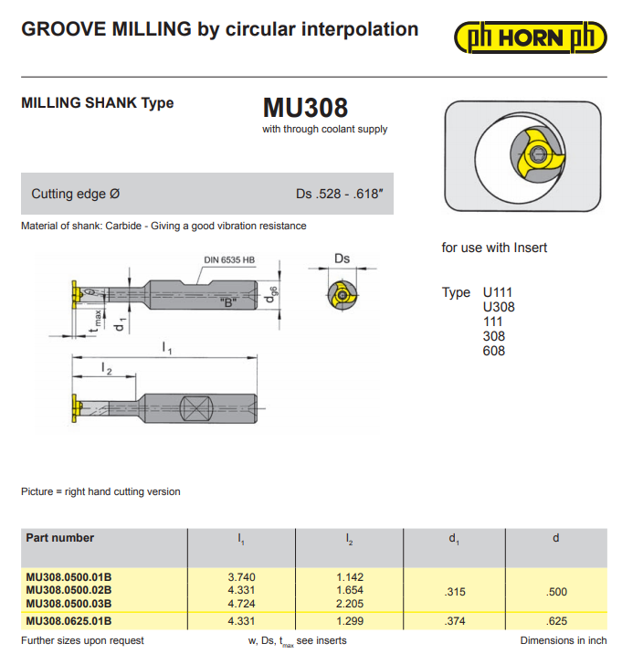 PH Horn .528".618" Carbide Grooving Bar 1/2" Shank MU308.0500.01B