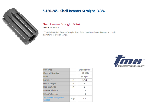 ToolMex 3.75" HSS M2 Straight Shell Reamer 5-150-245 (LOC1913A)