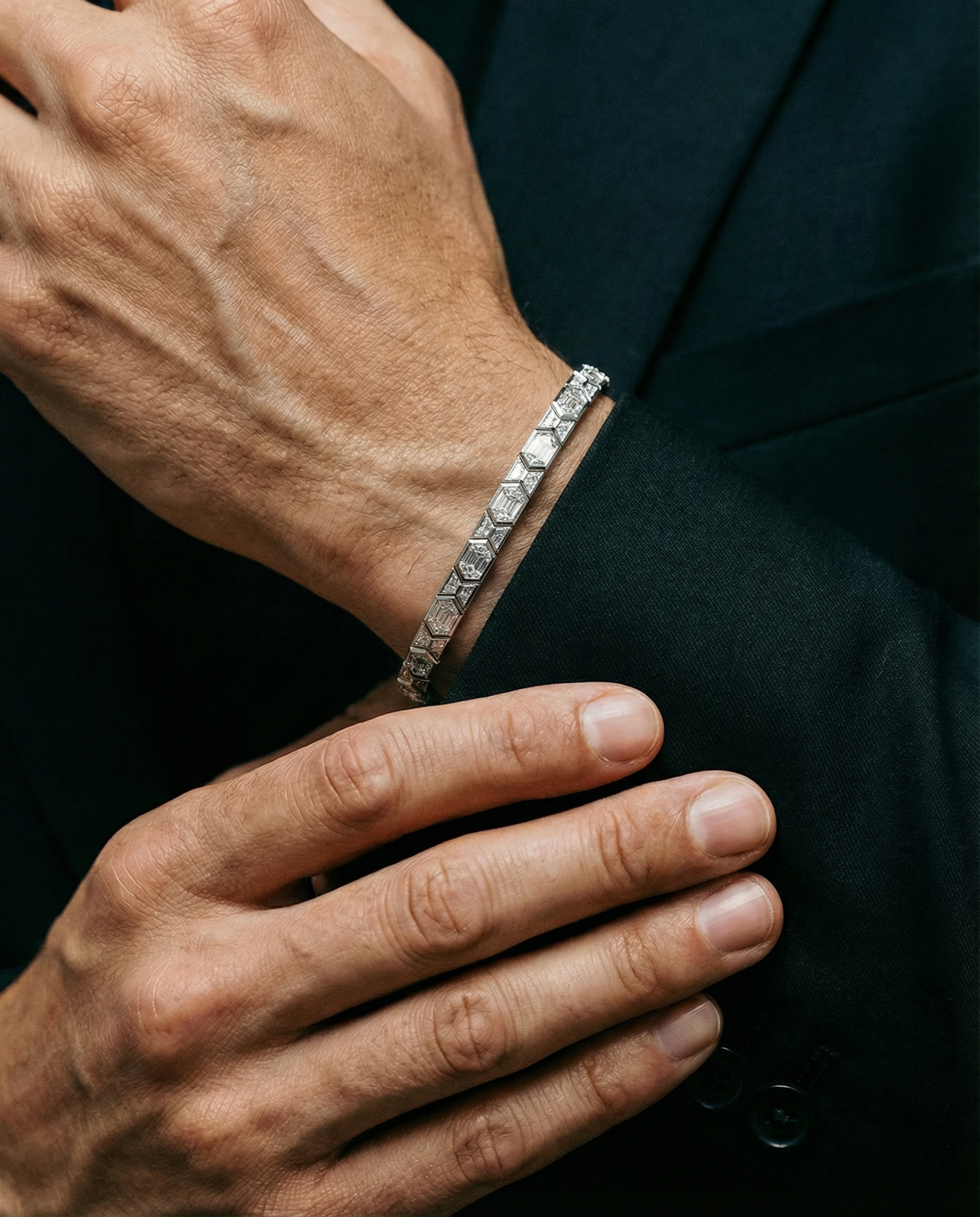 Bracciale da uomo in platino con diamanti esagonali da 0,52 ct ispirato ai cristalli naturali