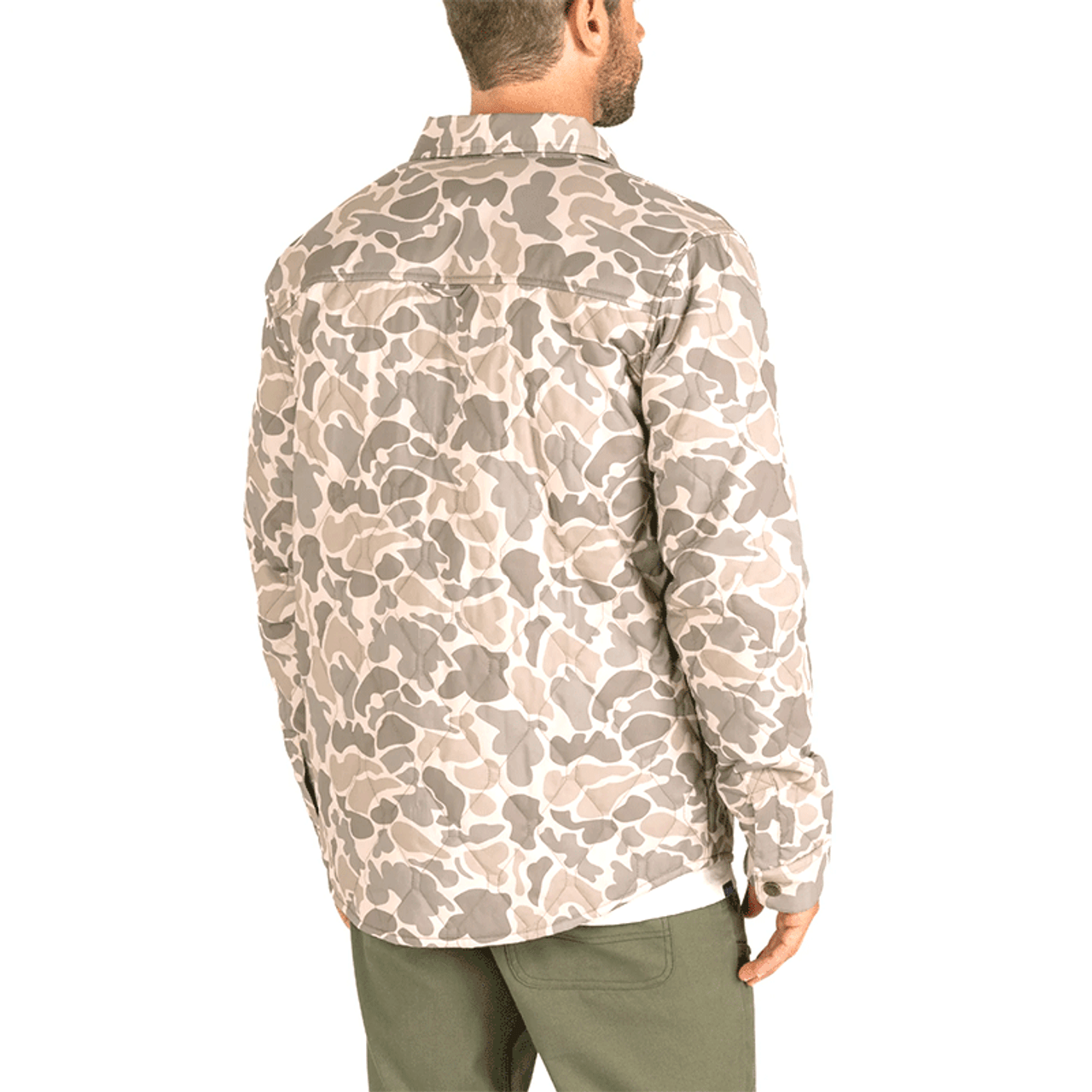 Saluda Khaki Mallard Camo Puff Shacket - Model Back