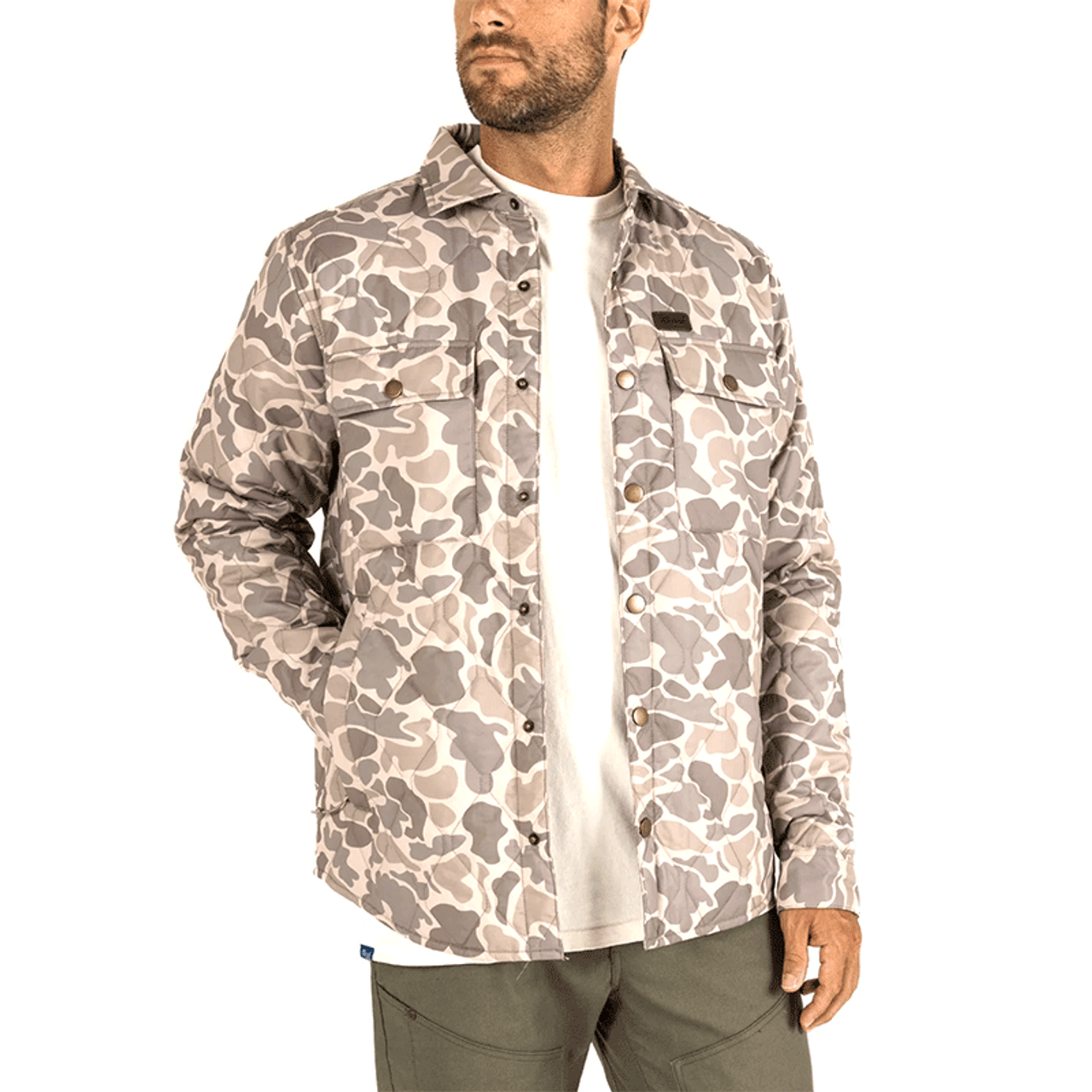 Saluda Khaki Mallard Camo Puff Shacket - Model Front