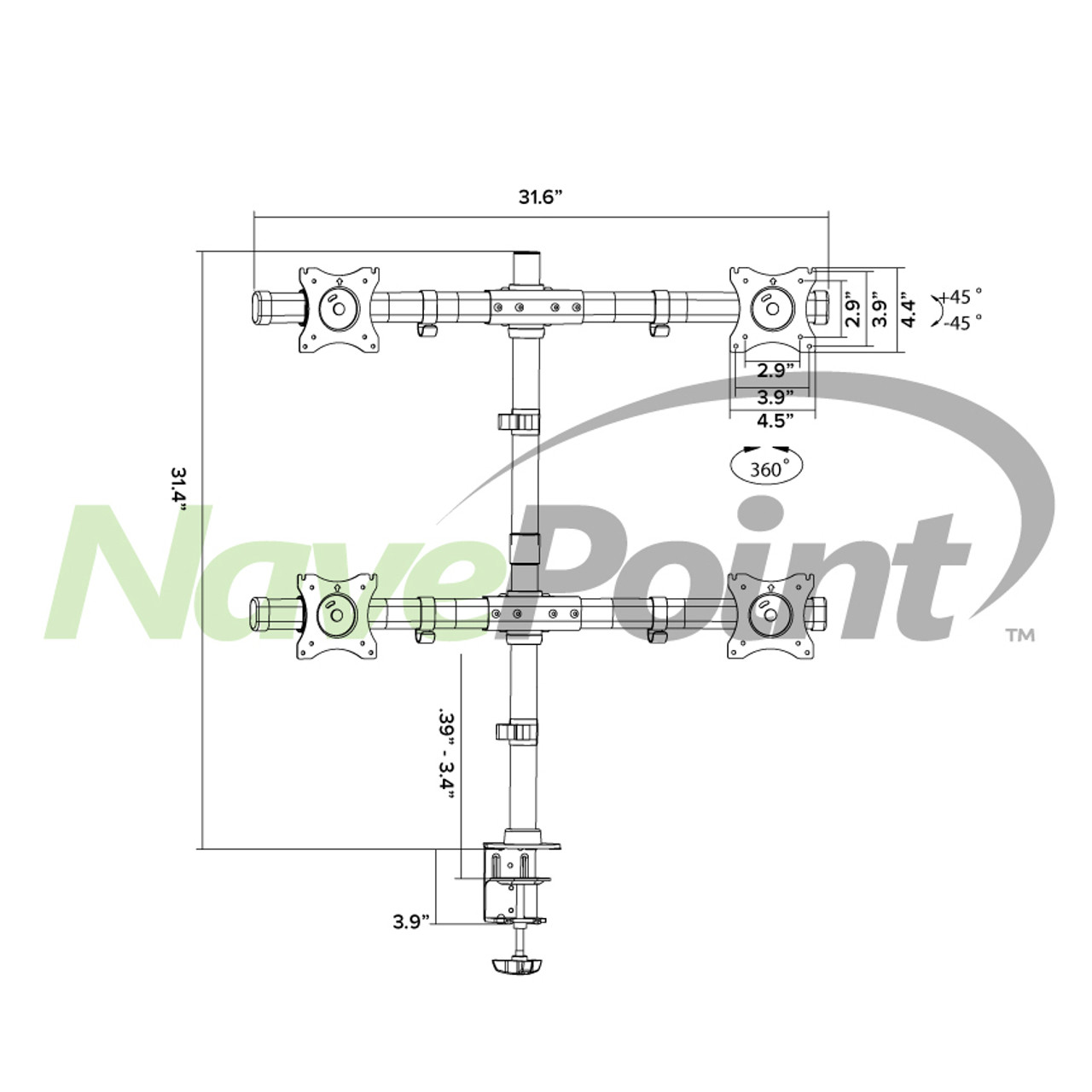 NavePoint Quad LCD Monitor Mount Holds 4 Screens to 27-Inches Black