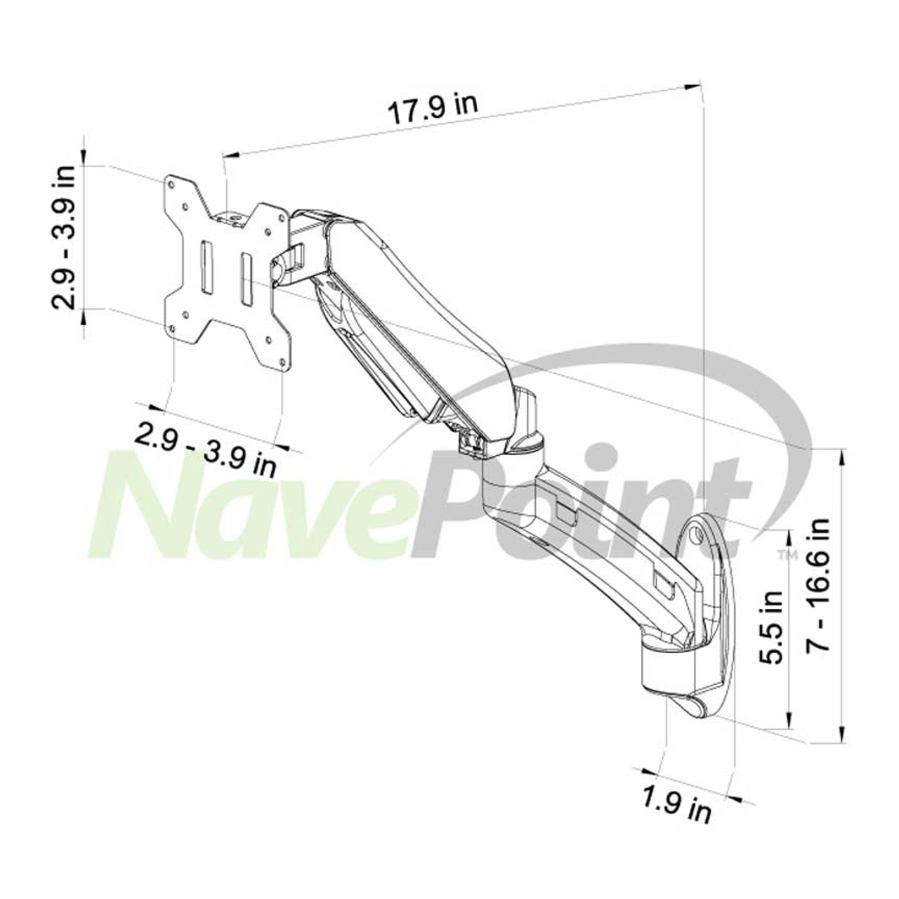 NavePoint Single Monitor LCD Adjustable Gas Spring Wall Mount