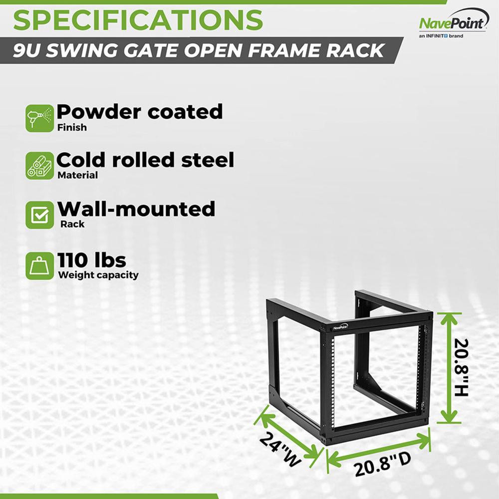 NavePoint 9U Swing Gate Wallmount Rack with 24in Depth