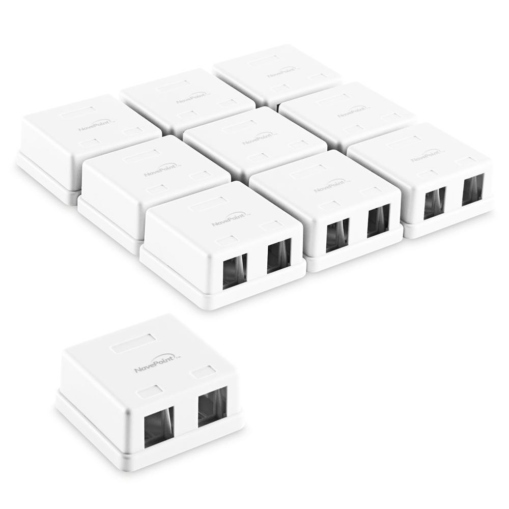 NavePoint Keystone Jack Surface-Mount Box 2-Port White 10-Pack