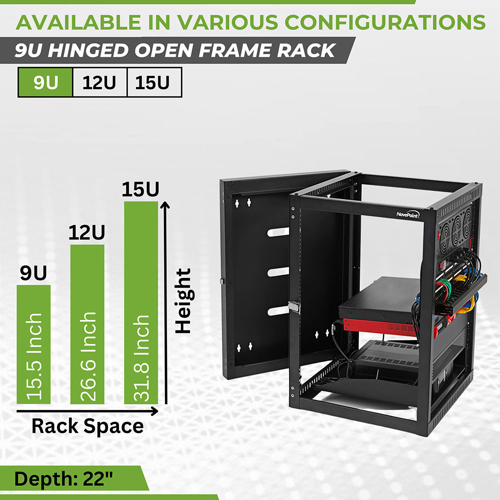 NavePoint 9U Hinged Wall Mount Server Rack with Swing Gate, 22 inch depth
