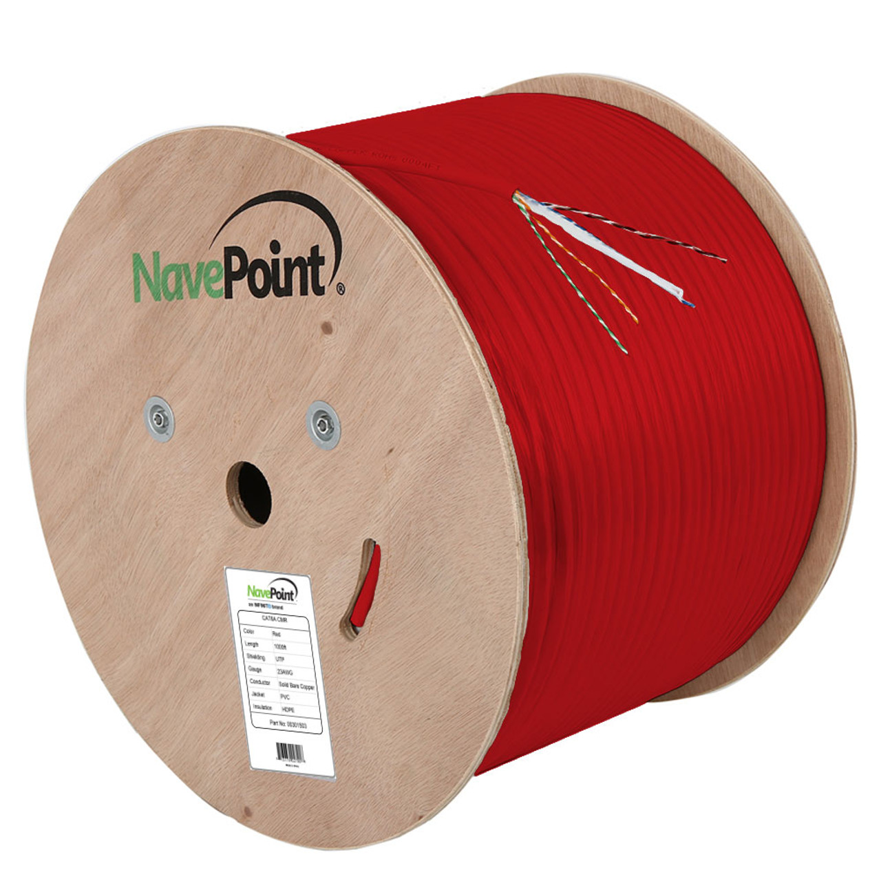 NavePoint CAT6A Bulk Network Cable Ethernet UTP CMR - 1000 Ft Red