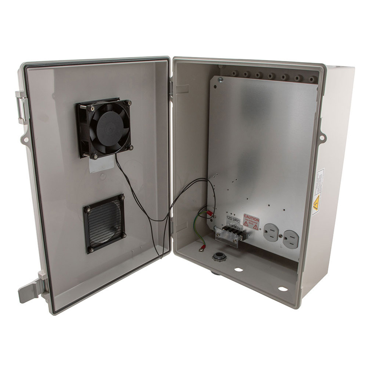 14x12x07 Fiberglass Polyester FRP Weatherproof Outdoor IP24 NEMA 3R  Enclosure, 120 VAC MNT PLT, User Adjustable Thermostat Heat & Fan Gray