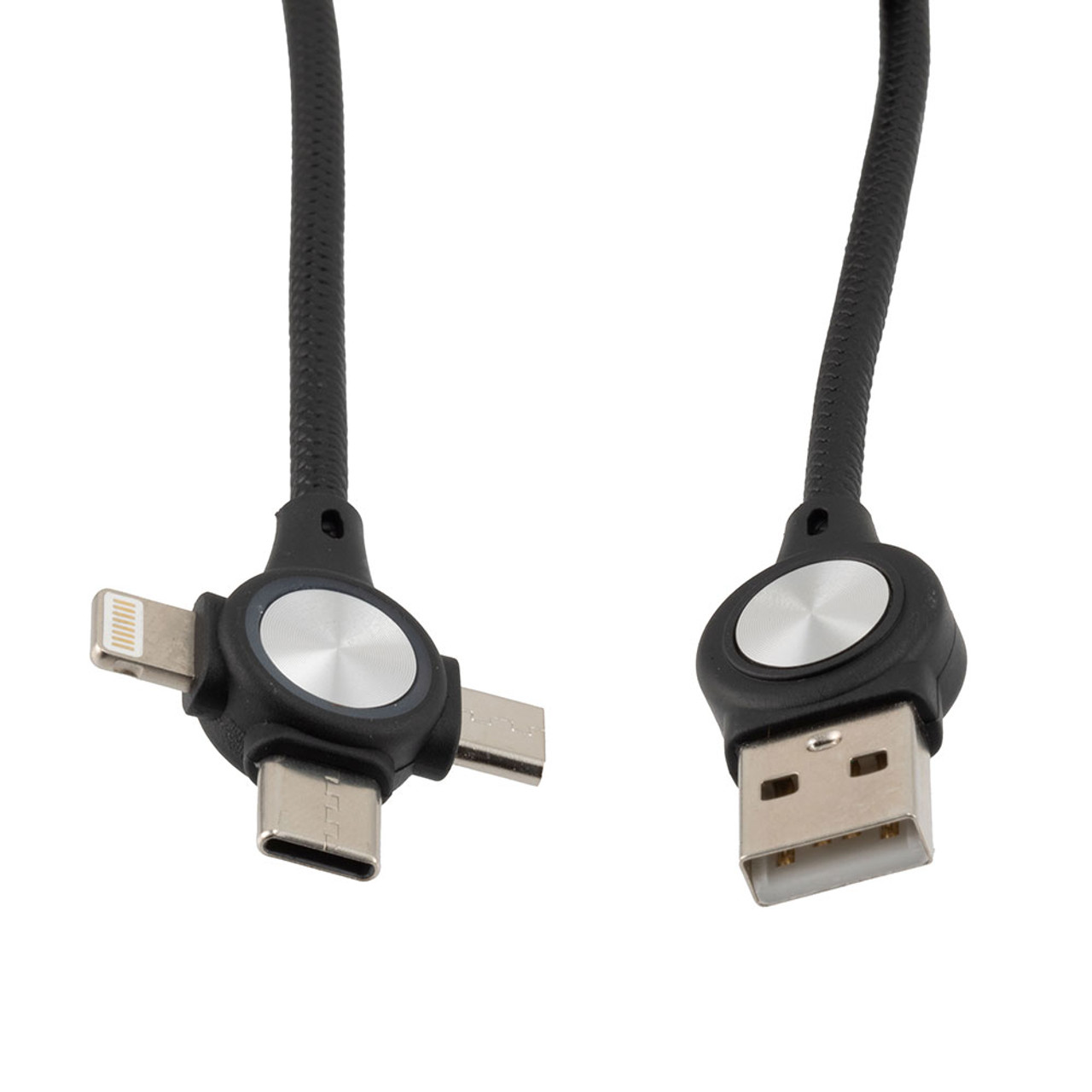 NavePoint USB 2.0 PVC Nylon Braided Cable, Black, USB A Male to Type C/Micro/Lightning Compatible, 1 Foot Coil