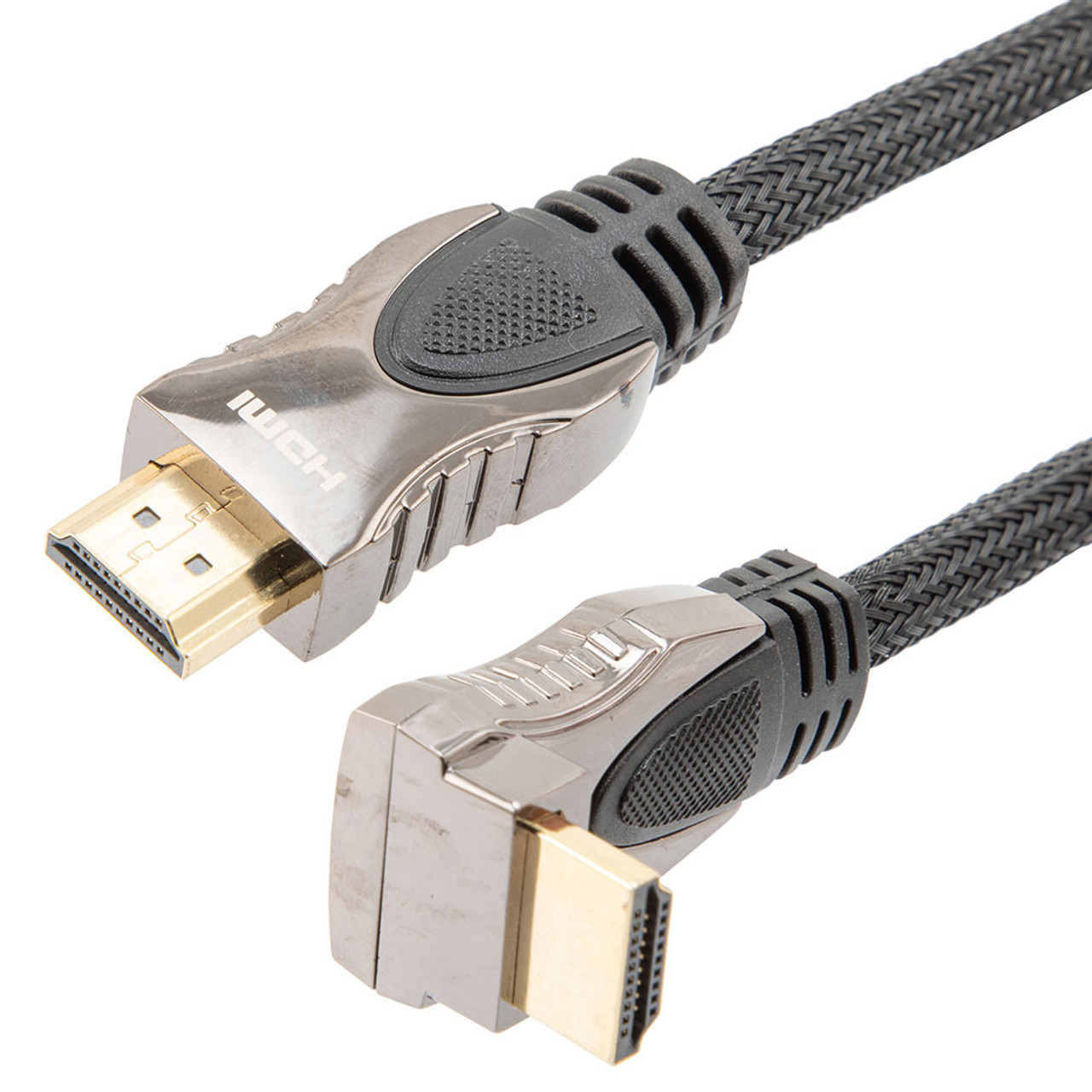 NavePoint HDMI 2.0 Male to Male Braided Cable, PVC with Nylon, Black, Zinc Alloy shell, Supports 4K @ 60Hz, Right Angle Straight to Right Angle Up, 3M