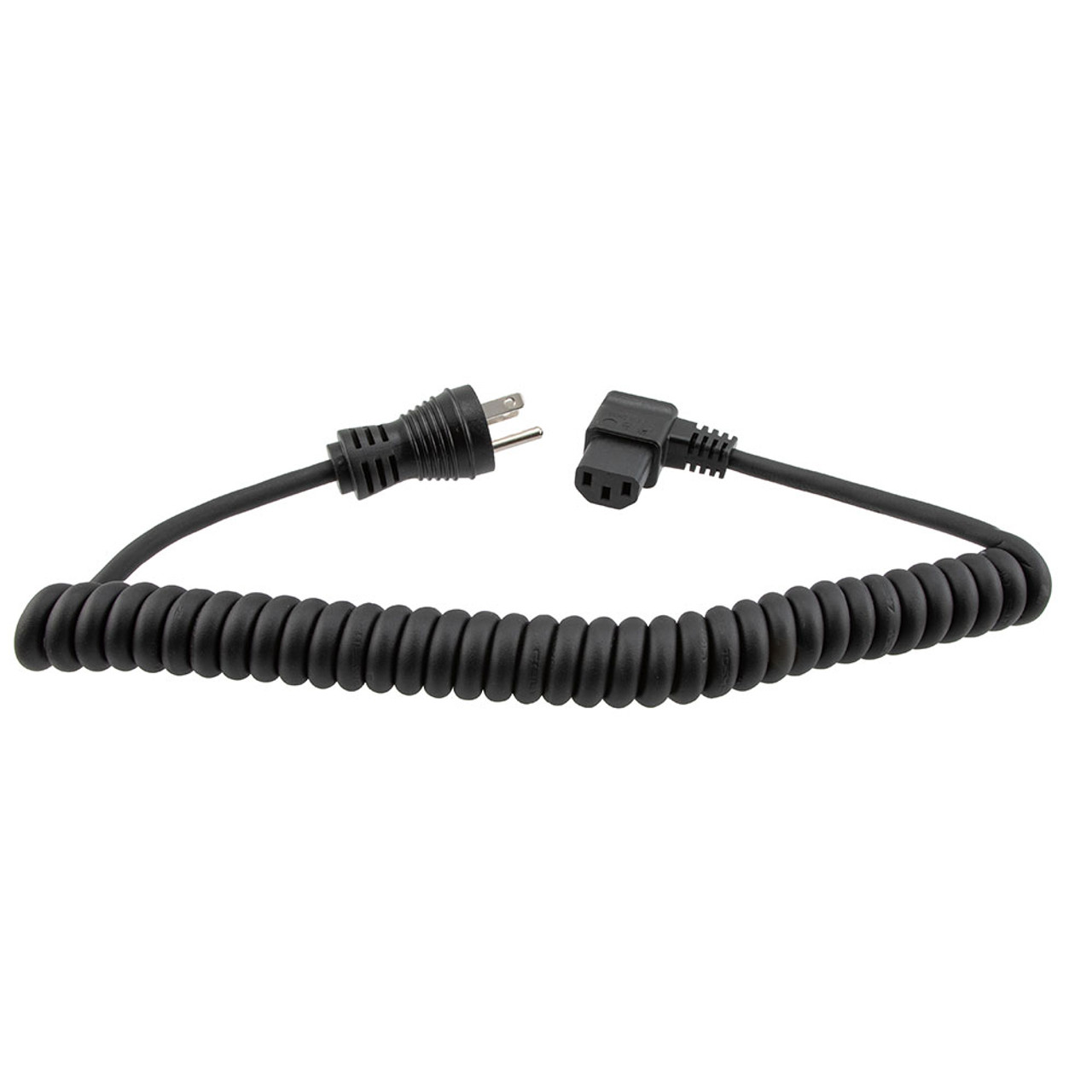 Hospital Grade NEMA 5-15 to Right Angle C13 Coiled Power Cord 18 AWG TPE Jacket, 1 Foot Compressed Length