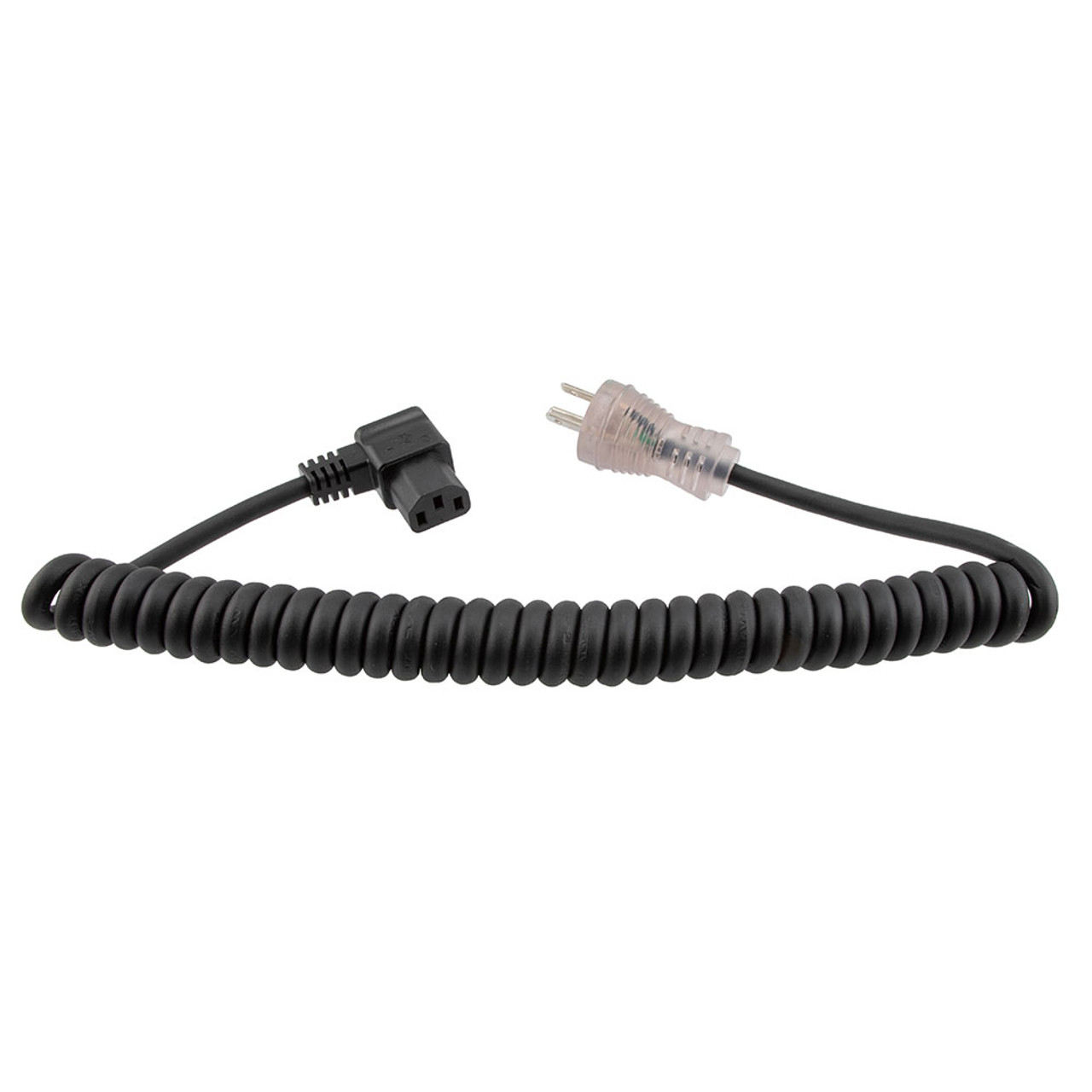 Hospital Grade NEMA 5-15 With LED to Right Angle C13 Coiled Power Cord 18 AWG TPE Jacket, 1 Foot Compressed Length