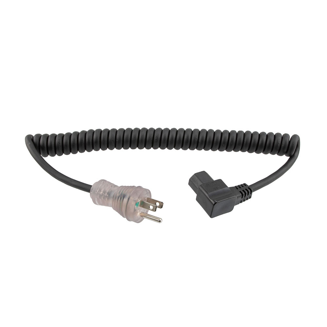 Hospital Grade NEMA 5-15 With LED to Right Angle C13 Coiled Power Cord 18 AWG TPE Jacket, 2 Foot Compressed Length