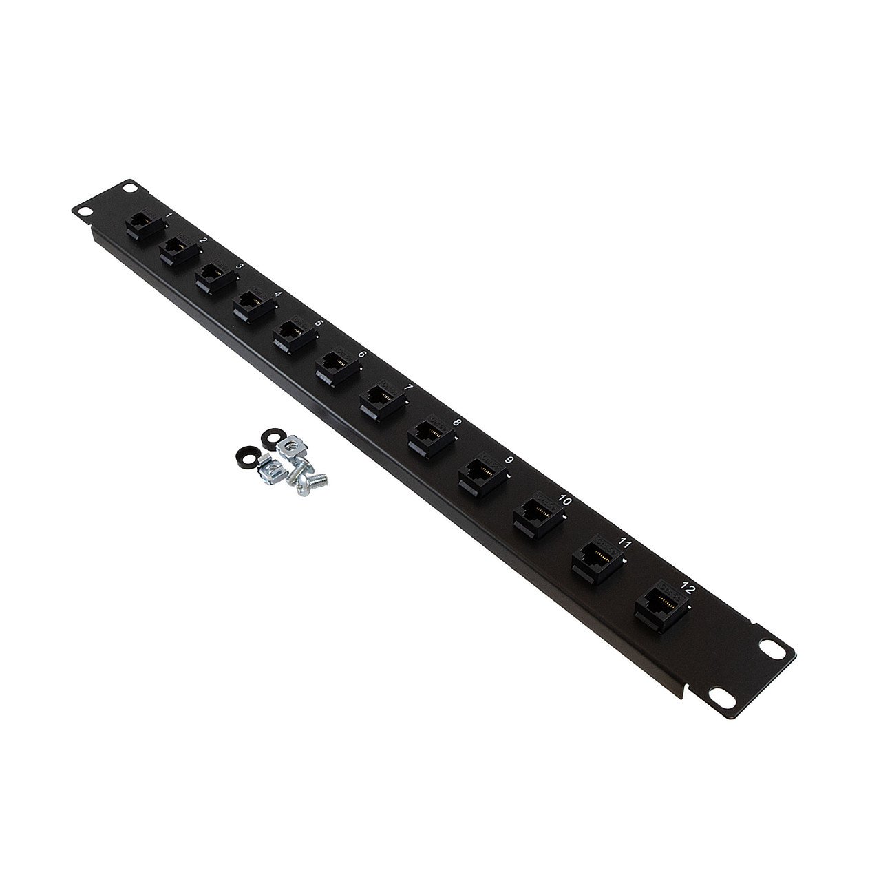 1U (1.75") 19 Inch Panel with 12 Right Angle Cat5e Couplers
