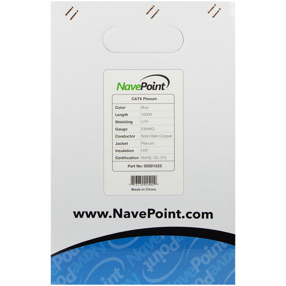 Cat6 Plenum (CMP), 1000ft, Blue, Solid Bare Copper Bulk Ethernet Cable, 550MHz, 23AWG 4 Pair, Unshielded Twisted Pair (UTP)