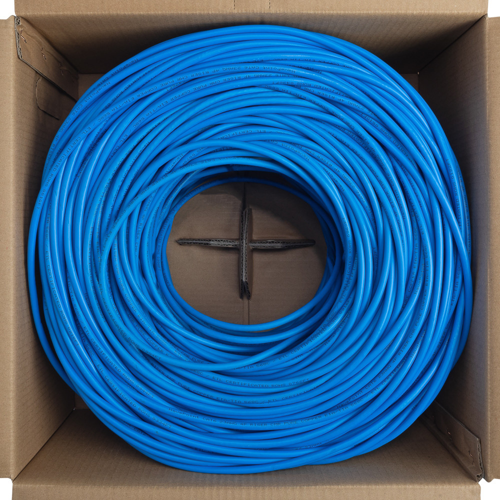 Cat6 Riser (CMR), 1000ft, Blue, Solid Bare Copper Bulk Ethernet Cable, 550MHz, 23AWG 4 Pair, Unshielded Twisted Pair (UTP)