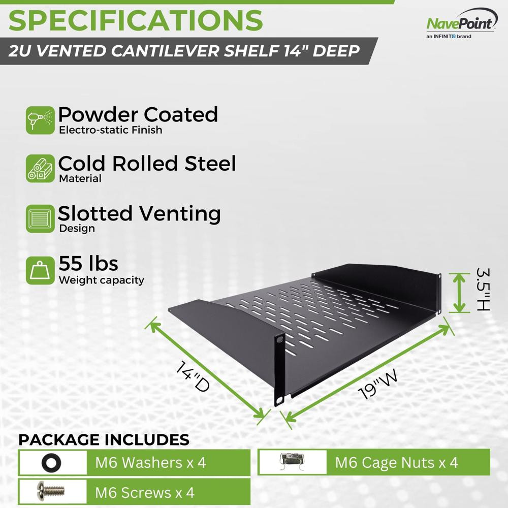 NavePoint 2U Vented Cantilever Shelf 14" (360mm) Deep