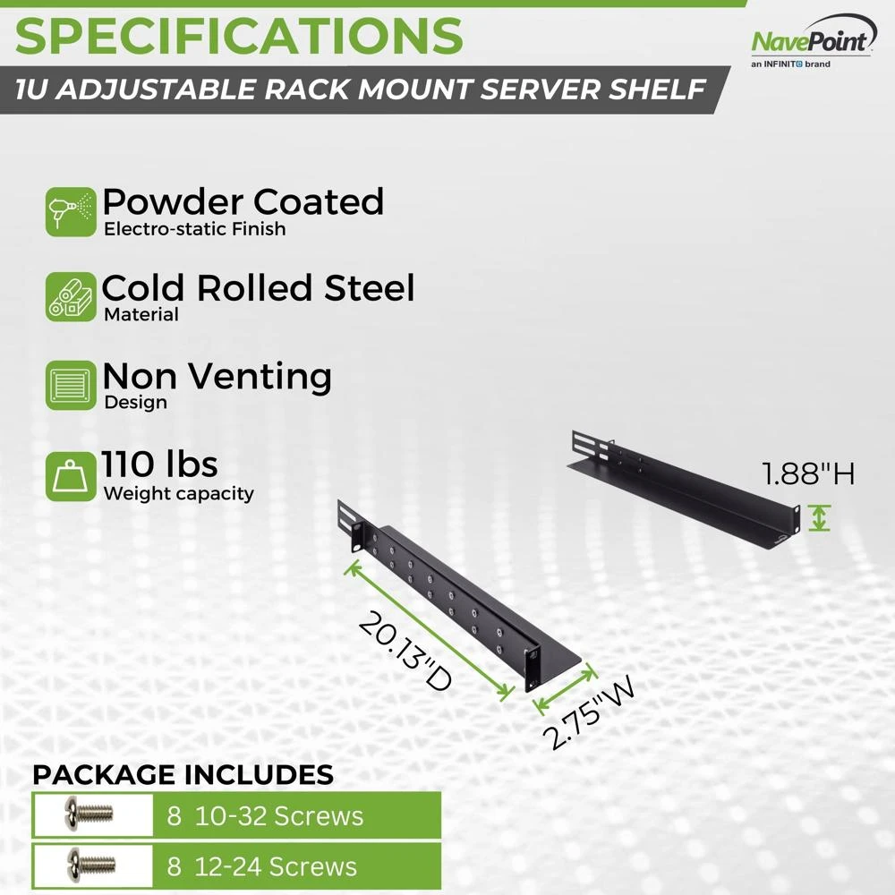 NavePoint 1U Adjustable Rack Mount Server Shelf Rails