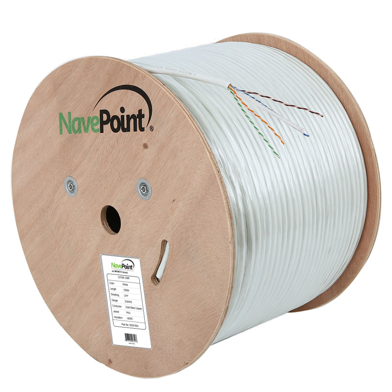 NavePoint CAT6A Bulk Network Cable Ethernet UTP CMR - 1000 Ft White