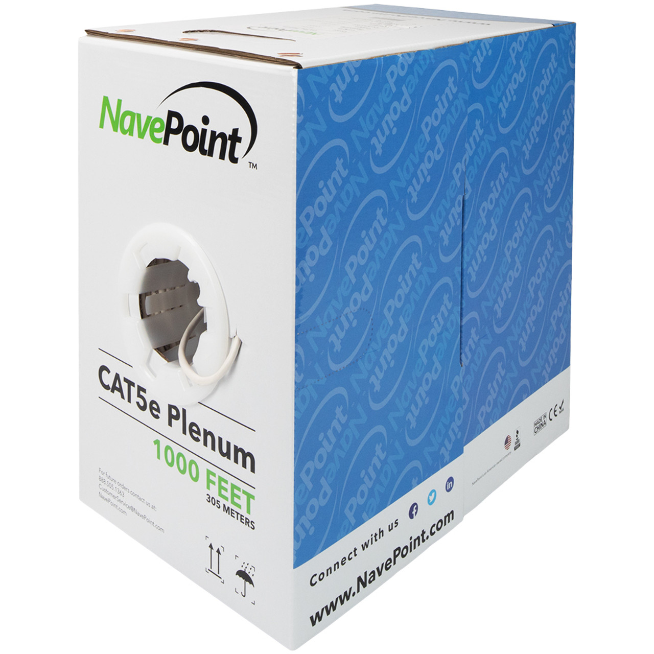 NavePoint CAT5e Bulk Network Cable Ethernet UTP Plenum CMP - 1000 Ft White